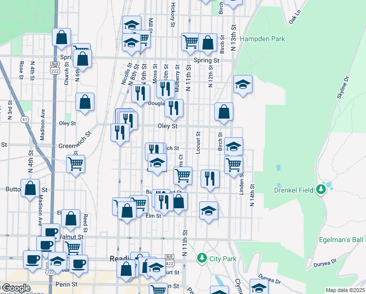 map of restaurants, bars, coffee shops, grocery stores, and more near 1047 East Greenwich Street in Reading