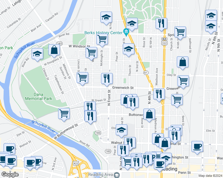 map of restaurants, bars, coffee shops, grocery stores, and more near 565 North Front Street in Reading