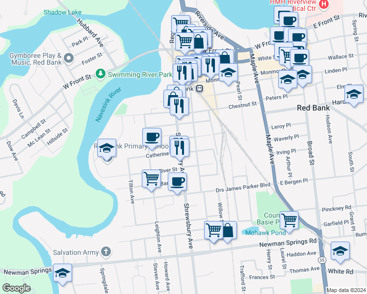 map of restaurants, bars, coffee shops, grocery stores, and more near 191 Shrewsbury Avenue in Red Bank