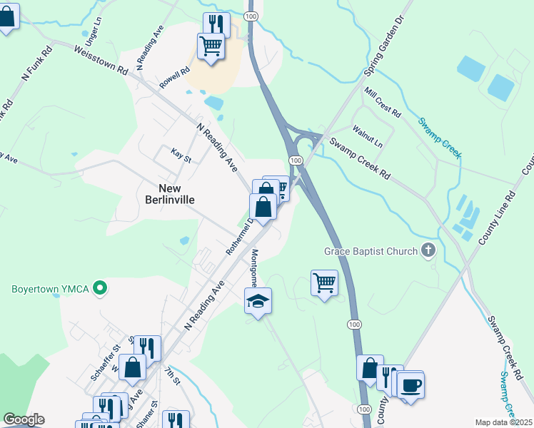 map of restaurants, bars, coffee shops, grocery stores, and more near 1257 Montgomery Avenue in New Berlinville