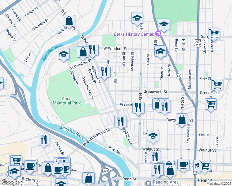 map of restaurants, bars, coffee shops, grocery stores, and more near 533 Schuylkill Avenue in Reading