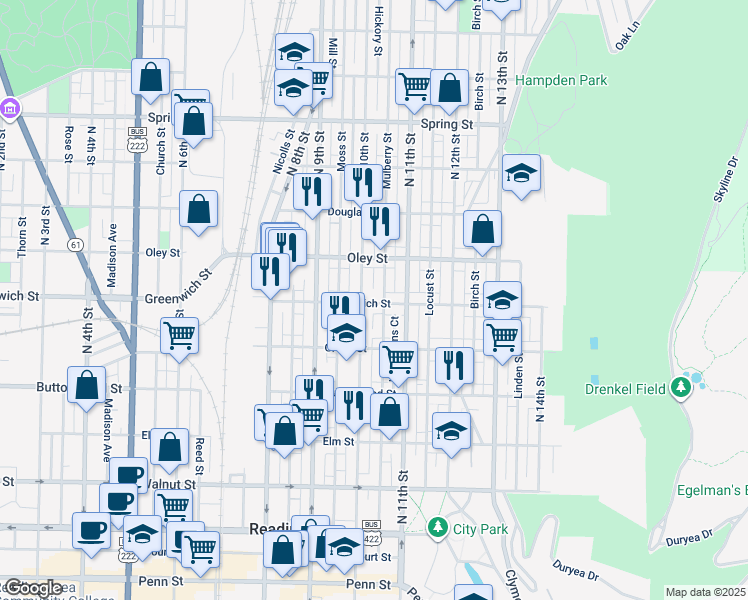map of restaurants, bars, coffee shops, grocery stores, and more near 1013 East Greenwich Street in Reading