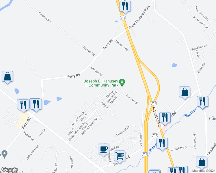 map of restaurants, bars, coffee shops, grocery stores, and more near 4001 Cephas Child Road in Doylestown