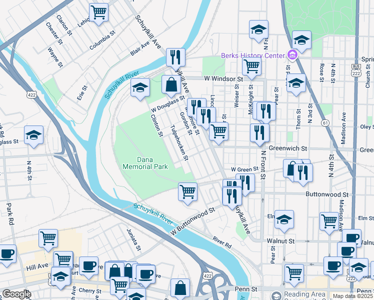 map of restaurants, bars, coffee shops, grocery stores, and more near 611 Tulpehocken Street in Reading