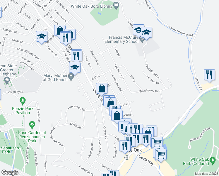 map of restaurants, bars, coffee shops, grocery stores, and more near 1804 Kansas Avenue in White Oak