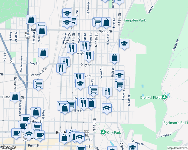 map of restaurants, bars, coffee shops, grocery stores, and more near 1051 East Greenwich Street in Reading