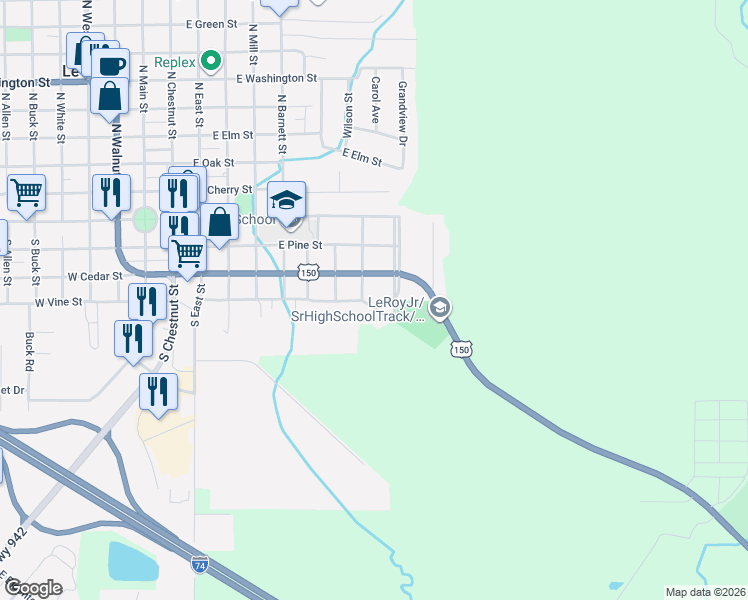 map of restaurants, bars, coffee shops, grocery stores, and more near 901 East Vine Street in Le Roy