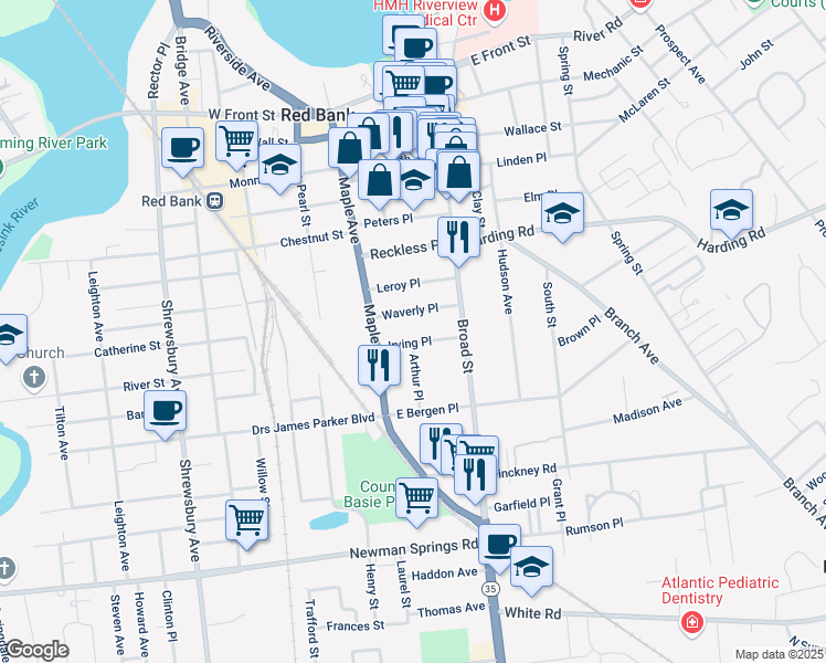 map of restaurants, bars, coffee shops, grocery stores, and more near 51 Irving Place in Red Bank