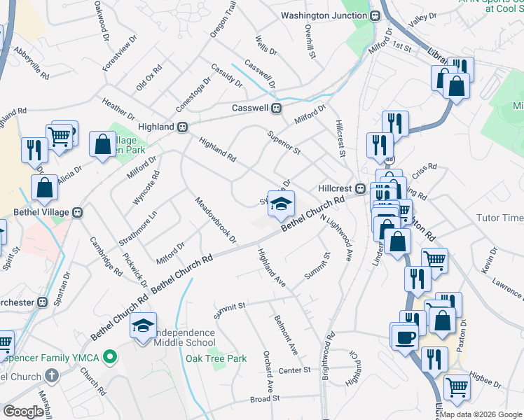 map of restaurants, bars, coffee shops, grocery stores, and more near 2521 Sylvania Drive in Bethel Park
