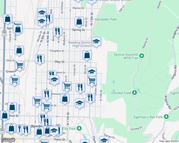 map of restaurants, bars, coffee shops, grocery stores, and more near 606 North 13th Street in Reading
