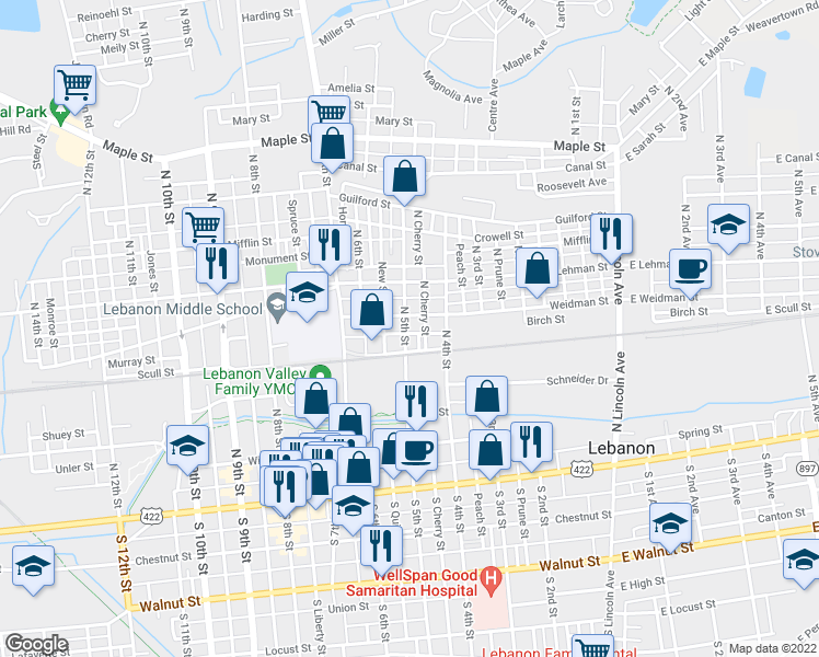 map of restaurants, bars, coffee shops, grocery stores, and more near 328 North 5th Street in Lebanon