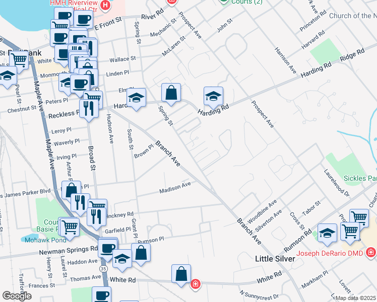 map of restaurants, bars, coffee shops, grocery stores, and more near 290 Spring Street in Red Bank