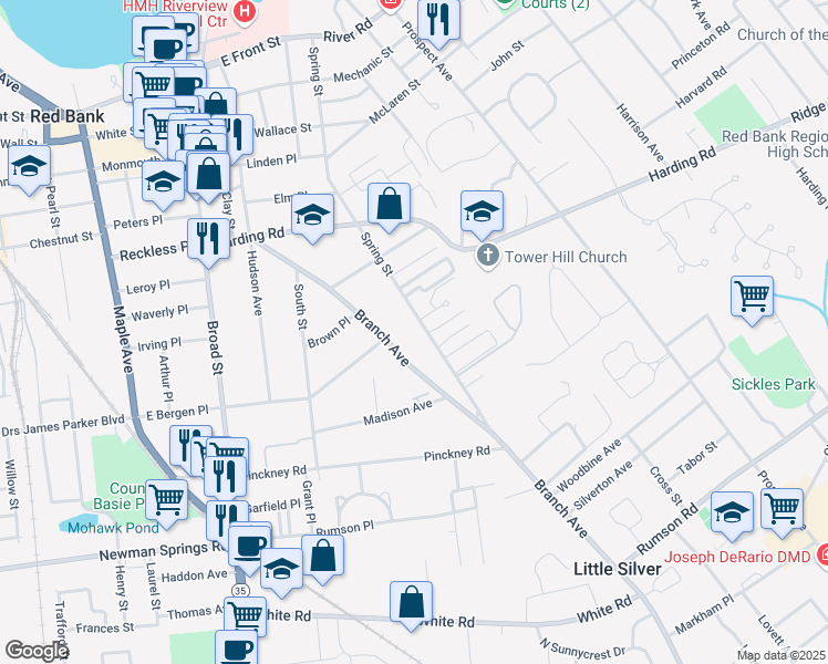 map of restaurants, bars, coffee shops, grocery stores, and more near 290 Spring Street in Red Bank