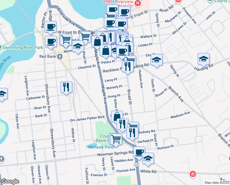 map of restaurants, bars, coffee shops, grocery stores, and more near 44 Irving Place in Red Bank