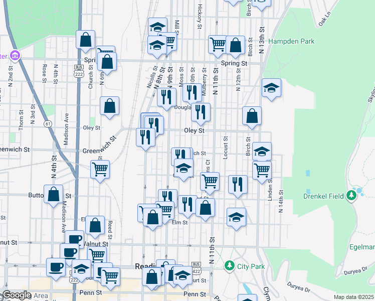 map of restaurants, bars, coffee shops, grocery stores, and more near 542 North 10th Street in Reading