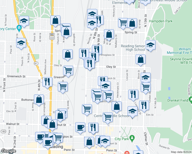 map of restaurants, bars, coffee shops, grocery stores, and more near 543 North 9th Street in Reading