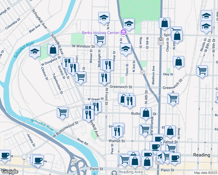 map of restaurants, bars, coffee shops, grocery stores, and more near 135 Hudson Street in Reading