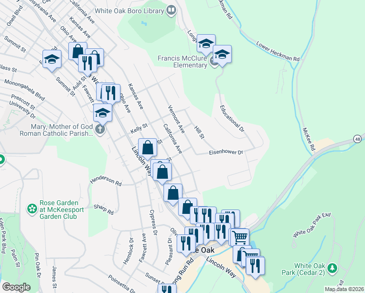 map of restaurants, bars, coffee shops, grocery stores, and more near 1901 California Avenue in White Oak