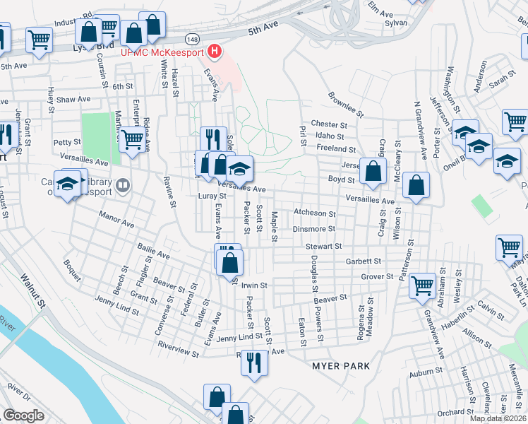 map of restaurants, bars, coffee shops, grocery stores, and more near 1307 Irene Alley in McKeesport