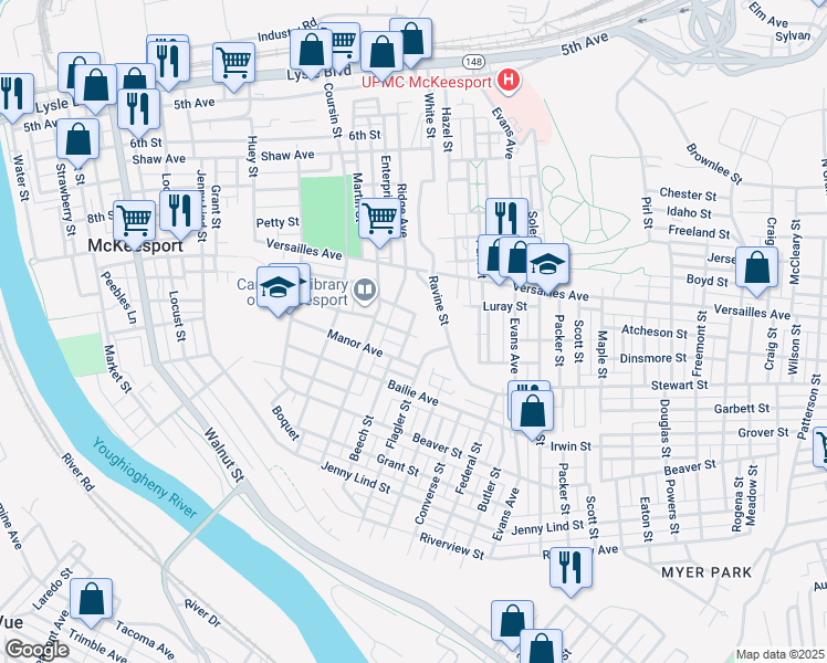 map of restaurants, bars, coffee shops, grocery stores, and more near 1619 Manor Avenue in McKeesport