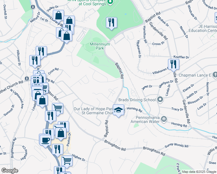 map of restaurants, bars, coffee shops, grocery stores, and more near 6812 Kevin Drive in Bethel Park