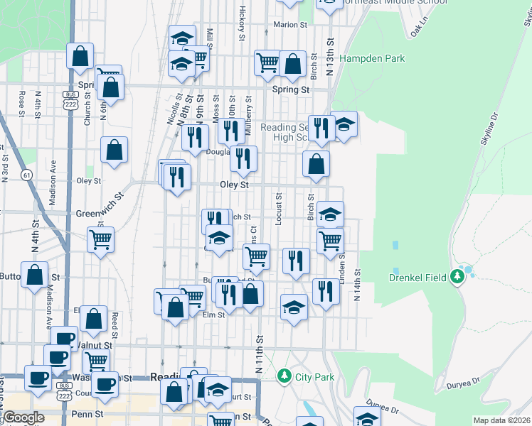map of restaurants, bars, coffee shops, grocery stores, and more near 548 Locust Street in Reading