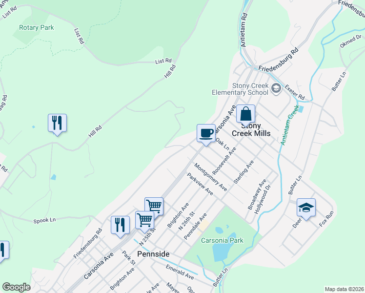 map of restaurants, bars, coffee shops, grocery stores, and more near 1045 Friedensburg Road in Reading