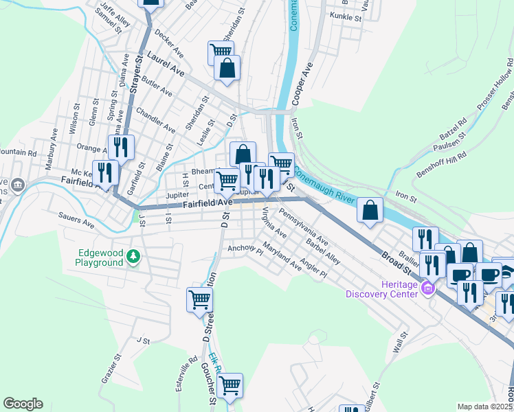 map of restaurants, bars, coffee shops, grocery stores, and more near 88 Barron Avenue in Johnstown