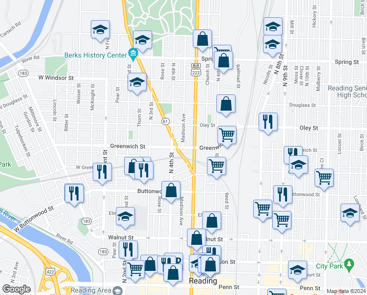 map of restaurants, bars, coffee shops, grocery stores, and more near 446 East Greenwich Street in Reading