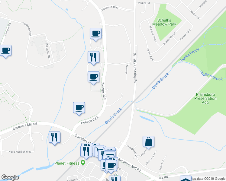 map of restaurants, bars, coffee shops, grocery stores, and more near 755 College Road East in Princeton
