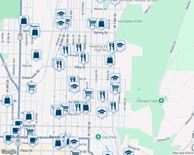 map of restaurants, bars, coffee shops, grocery stores, and more near 548 Locust Street in Reading