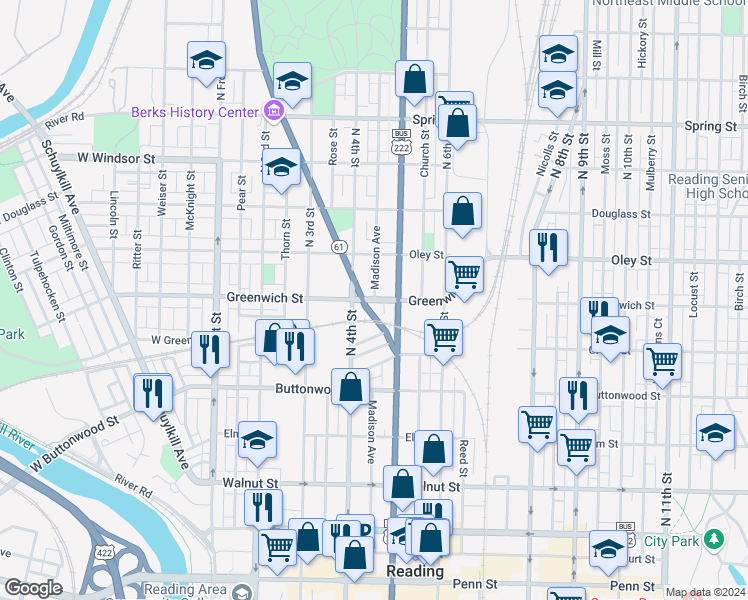 map of restaurants, bars, coffee shops, grocery stores, and more near 600 Madison Avenue in Reading