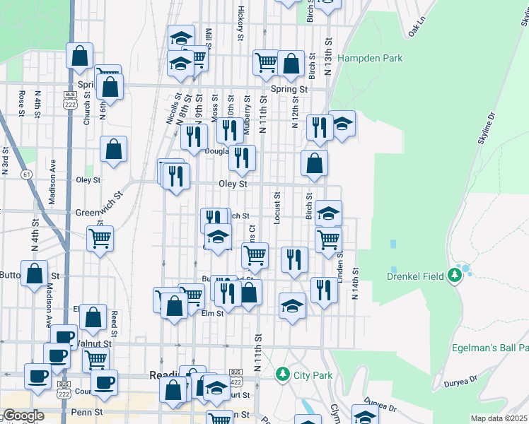 map of restaurants, bars, coffee shops, grocery stores, and more near 1101 East Greenwich Street in Reading