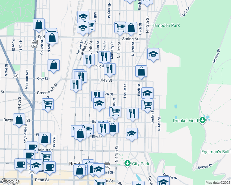 map of restaurants, bars, coffee shops, grocery stores, and more near 1047 East Greenwich Street in Reading