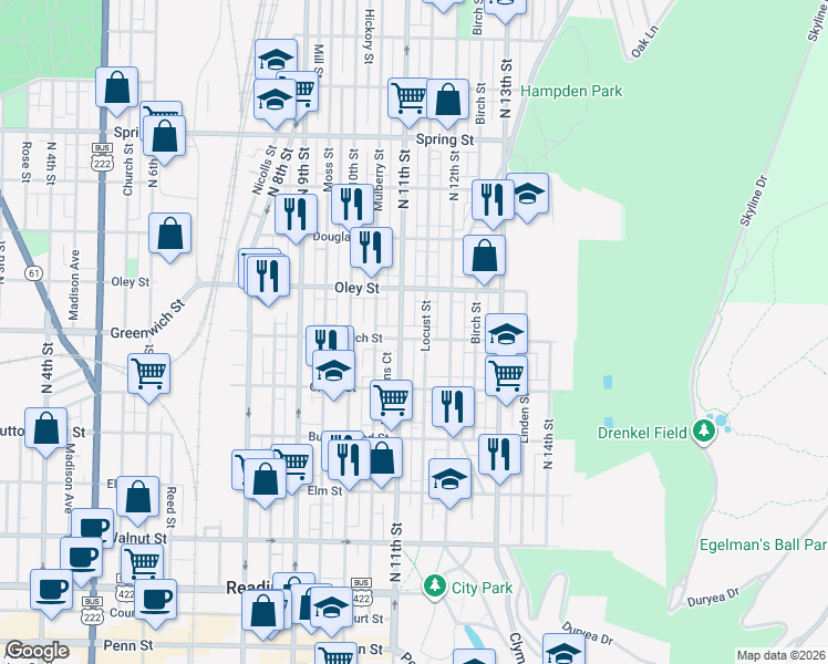 map of restaurants, bars, coffee shops, grocery stores, and more near 548 Locust Street in Reading