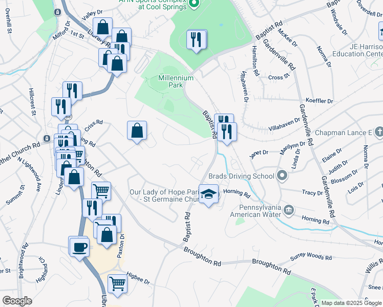 map of restaurants, bars, coffee shops, grocery stores, and more near 6812 Kevin Drive in Bethel Park