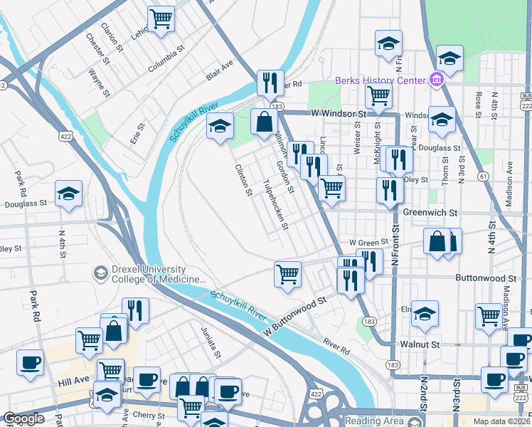 map of restaurants, bars, coffee shops, grocery stores, and more near 625 Clinton Street in Reading