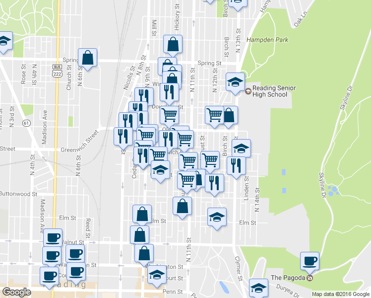 map of restaurants, bars, coffee shops, grocery stores, and more near 1041 East Greenwich Street in Reading