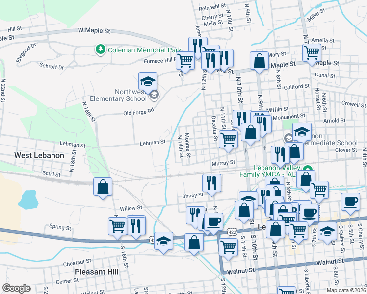 map of restaurants, bars, coffee shops, grocery stores, and more near 346 North 14th Street in Lebanon