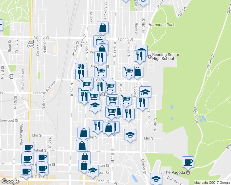 map of restaurants, bars, coffee shops, grocery stores, and more near 1101 Greenwich Street in Reading