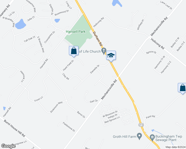 map of restaurants, bars, coffee shops, grocery stores, and more near 4923 Danielle Drive in Doylestown