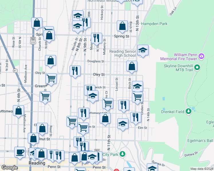 map of restaurants, bars, coffee shops, grocery stores, and more near 1041 East Greenwich Street in Reading