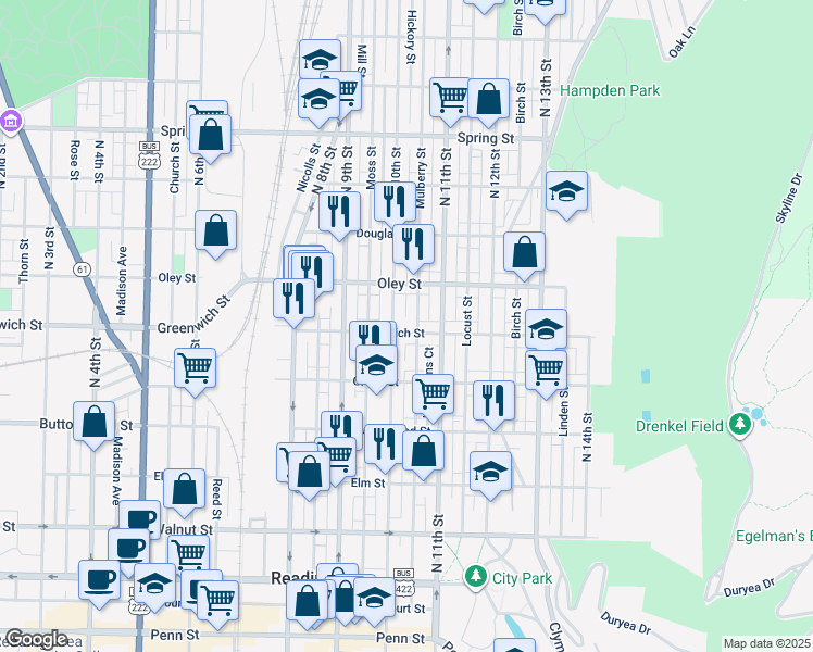 map of restaurants, bars, coffee shops, grocery stores, and more near 1013 East Greenwich Street in Reading
