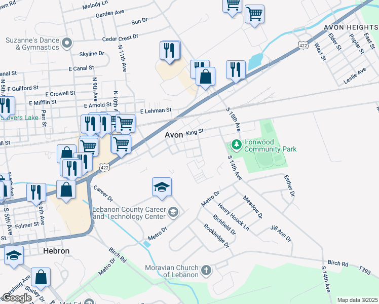 map of restaurants, bars, coffee shops, grocery stores, and more near 1220 East Chestnut Street in Lebanon