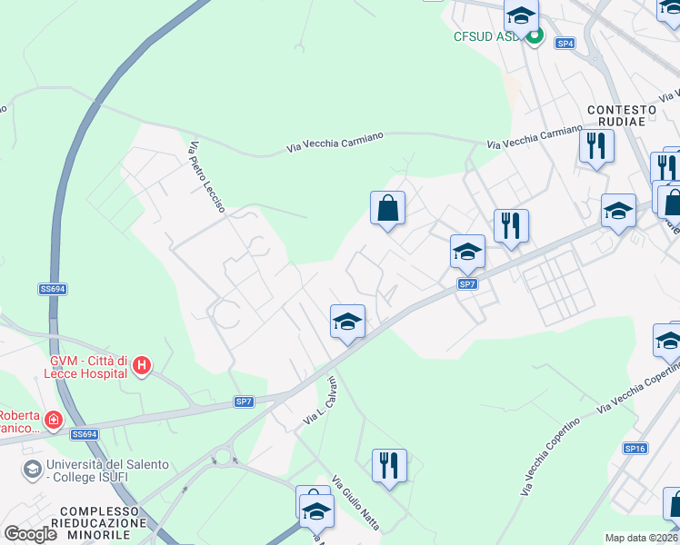 map of restaurants, bars, coffee shops, grocery stores, and more near Via Marisa Bellisario in Lecce