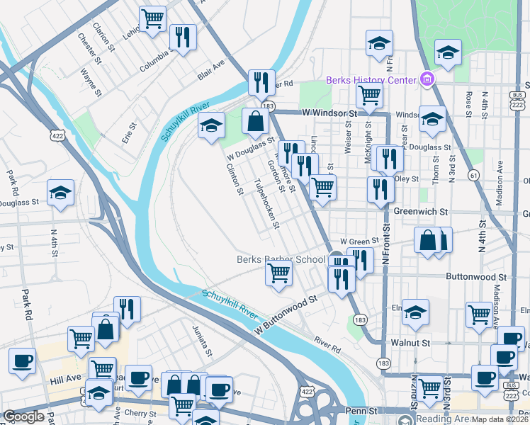 map of restaurants, bars, coffee shops, grocery stores, and more near 625 Clinton Street in Reading