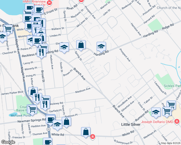 map of restaurants, bars, coffee shops, grocery stores, and more near 290 Spring Street in Red Bank