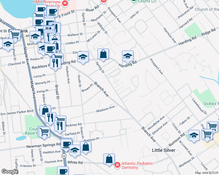 map of restaurants, bars, coffee shops, grocery stores, and more near 290 Spring Street in Red Bank