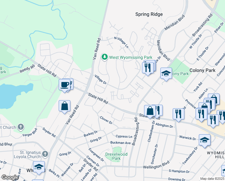 map of restaurants, bars, coffee shops, grocery stores, and more near 179 Hawthorne Court in Wyomissing