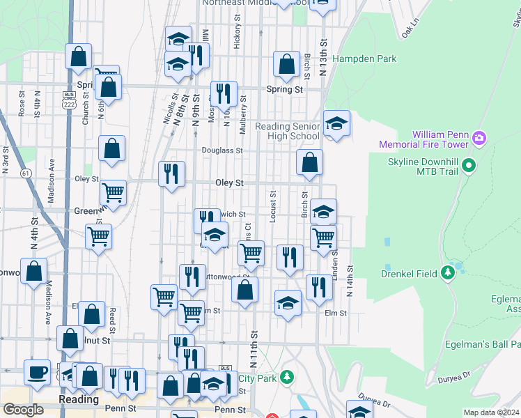 map of restaurants, bars, coffee shops, grocery stores, and more near 1101 East Greenwich Street in Reading